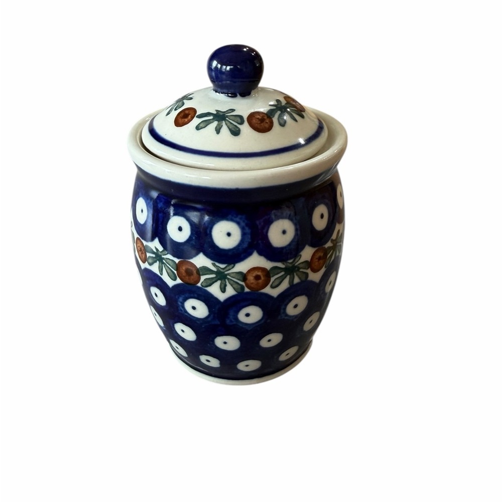 Polish Pottery Mini Ginger Jar Handcrafted Blue Ceramic Jar with Lid Floral 4.5” - Picture 2 of 6